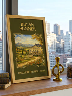 Indian Summer Classic Book Art Print by Adalbert Stifter – framed print on a city-view windowsill