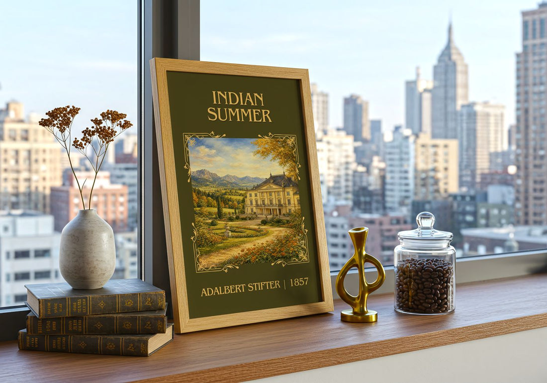 Indian Summer Classic Book Art Print by Adalbert Stifter – framed print on a city-view windowsill