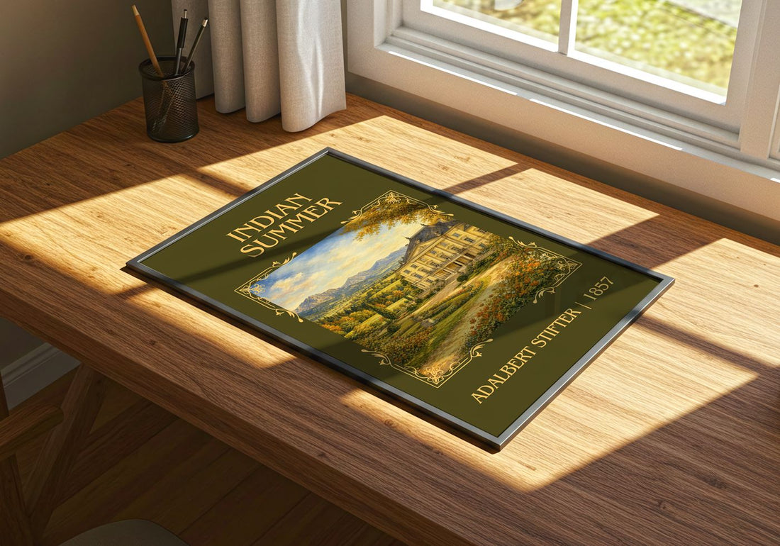 Indian Summer Classic Book Art Print by Adalbert Stifter – print on a sunlit desk