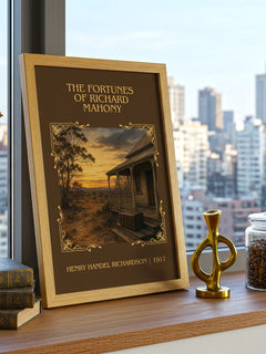 Fortunes Of Richard Mahony Classic Book Art Print by H. Richardson – framed print on a city-view windowsill