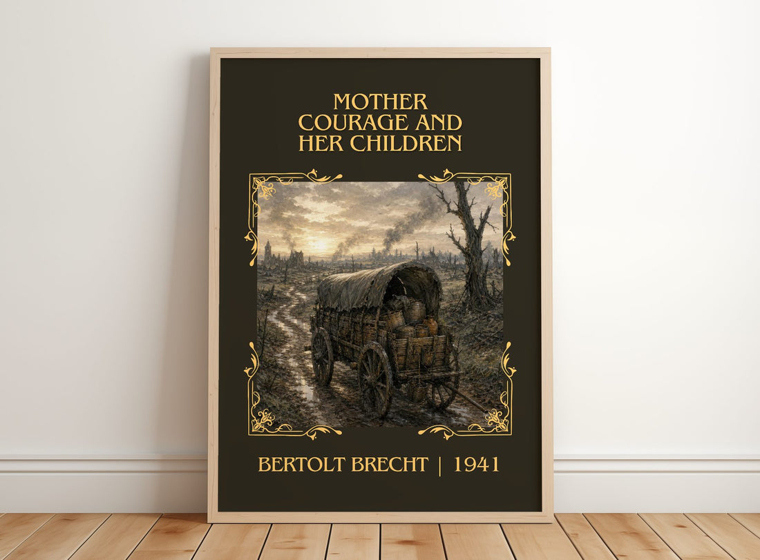 Mother Courage and Her Children Classic Book Art Print by B. Brecht – framed print leaning on a wooden floor