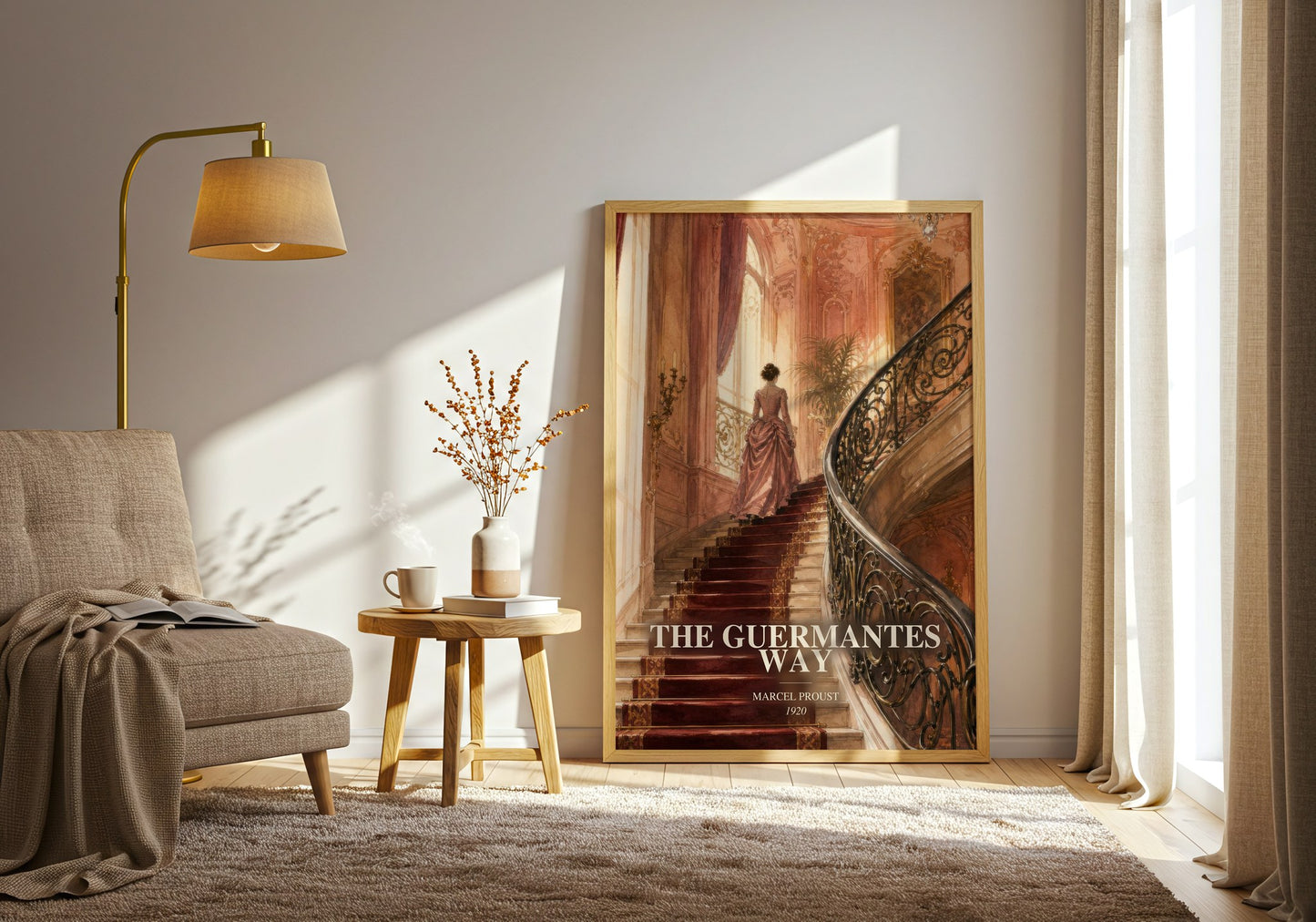 The Guermantes Way watercolour print in frame leaning in hallway – classic literature wall art