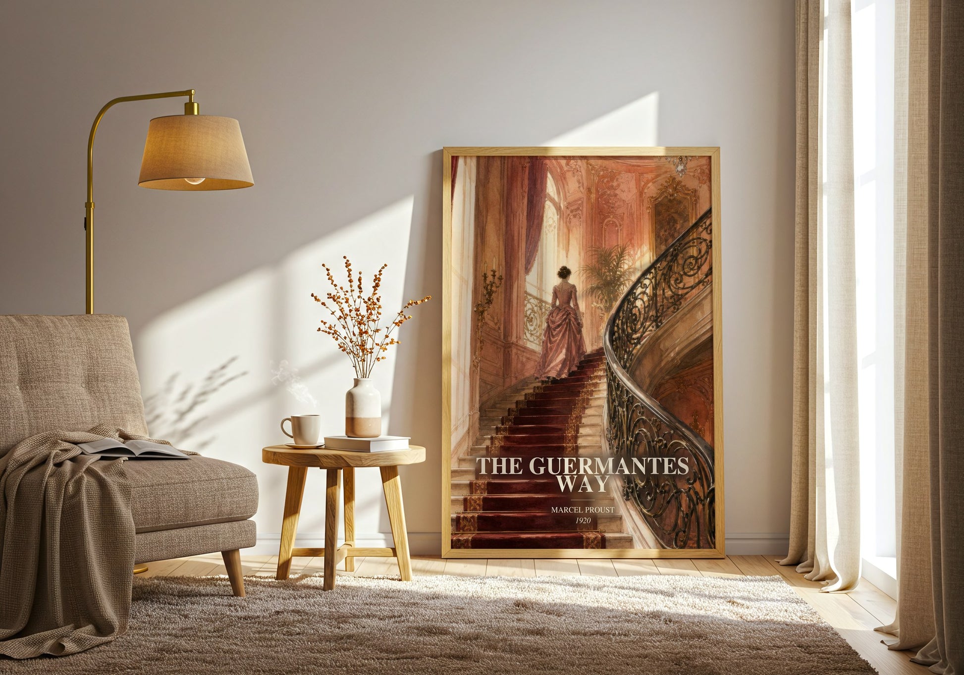 The Guermantes Way watercolour print in frame leaning in hallway – classic literature wall art