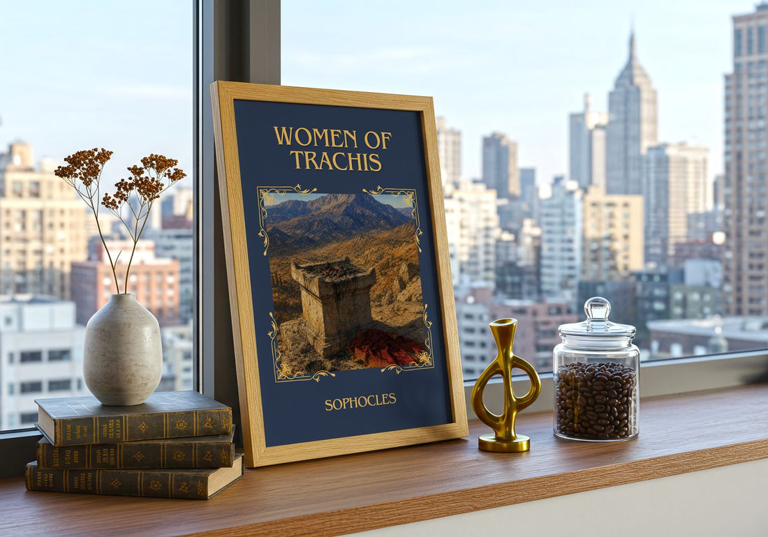 Women of Trachis Classic Book Art Print by Sophocles – framed print on a city-view windowsill