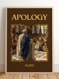 Apology Classic Book Art Print by Plato – framed print leaning on a wooden floor