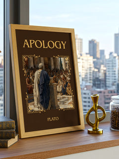Apology Classic Book Art Print by Plato – framed print on a city-view windowsill