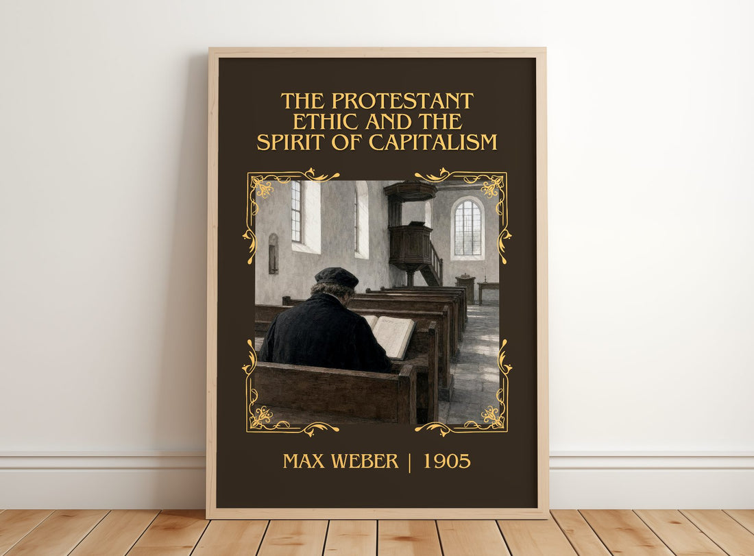 The Protestant Ethic and the Spirit of Capitalism Classic Book Art Print by Max Weber – framed print leaning on a wooden floor