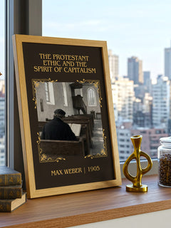 The Protestant Ethic and the Spirit of Capitalism Classic Book Art Print by Max Weber – framed print on a city-view windowsill