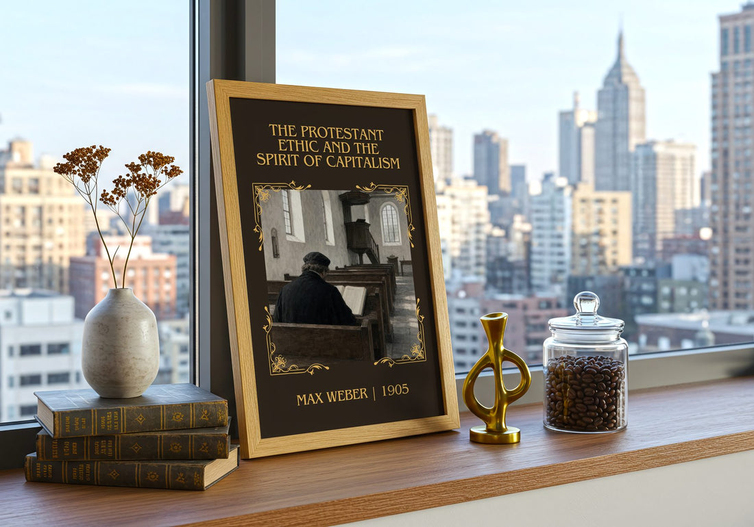 The Protestant Ethic and the Spirit of Capitalism Classic Book Art Print by Max Weber – framed print on a city-view windowsill