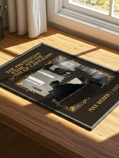 The Protestant Ethic and the Spirit of Capitalism Classic Book Art Print by Max Weber – print on a sunlit desk