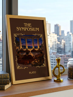 The Symposium Classic Book Art Print by Plato – framed print on a city-view windowsill