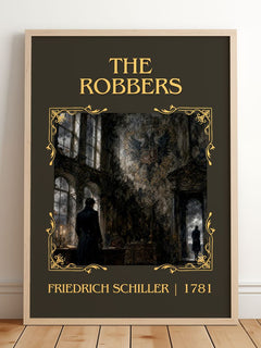 The Robbers Classic Book Art Print by Friedrich Schiller – framed print leaning on a wooden floor