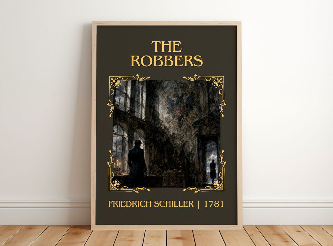 The Robbers Classic Book Art Print by Friedrich Schiller – framed print leaning on a wooden floor