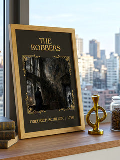 The Robbers Classic Book Art Print by Friedrich Schiller – framed print on a city-view windowsill