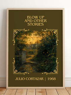 Blow Up And Other Stories Classic Book Art Print by Julio Cortazar – framed print leaning on a wooden floor