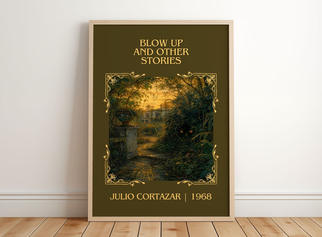 Blow Up And Other Stories Classic Book Art Print by Julio Cortazar – framed print leaning on a wooden floor