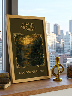 Blow Up And Other Stories Classic Book Art Print by Julio Cortazar – framed print on a city-view windowsill
