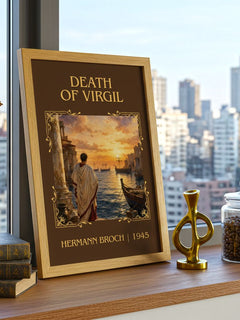 Death of Virgil Classic Book Art Print by Hermann Broch – framed print on a city-view windowsill