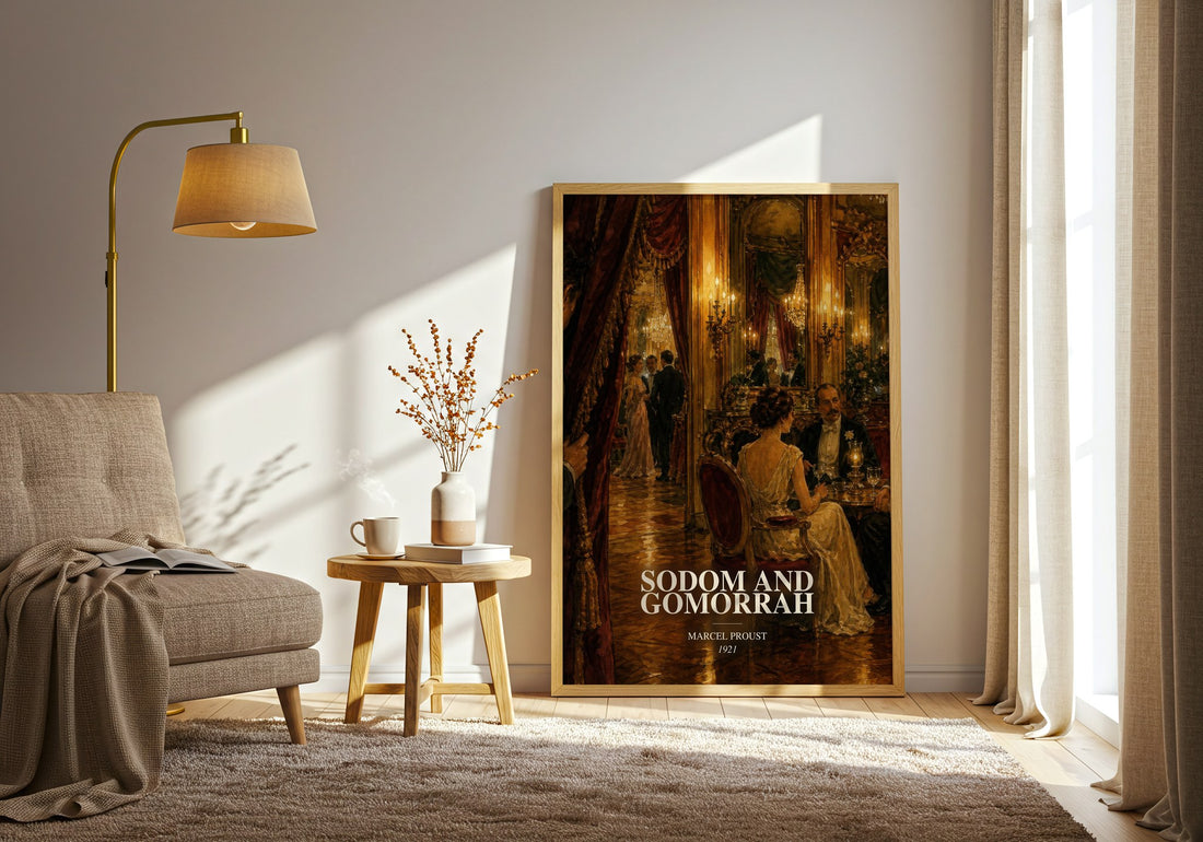 Sodom And Gomorrah watercolour print in frame leaning in hallway – classic literature wall art (mockup)