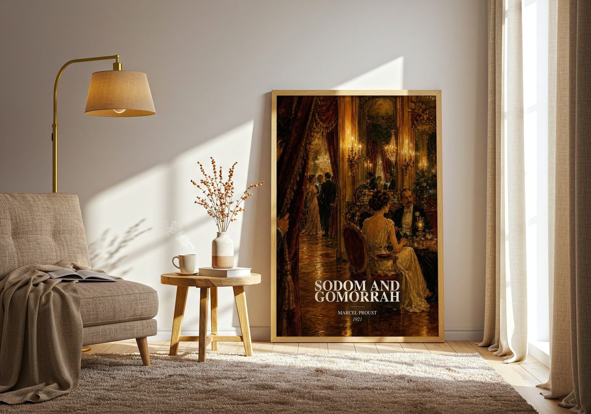 Sodom And Gomorrah watercolour print in frame leaning in hallway – classic literature wall art