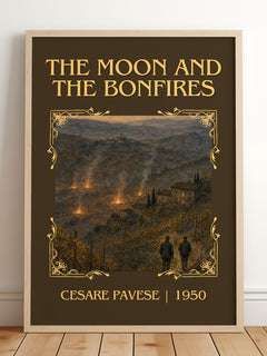 The Moon and the Bonfires Classic Book Art Print by Cesare Pavese – framed print leaning on a wooden floor