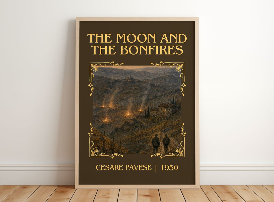 The Moon and the Bonfires Classic Book Art Print by Cesare Pavese – framed print leaning on a wooden floor