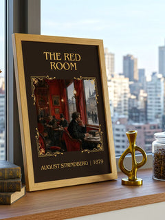 The Red Room Classic Book Art Print by August Strindberg – framed print on a city-view windowsill