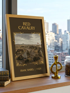 Red Cavalry Classic Book Art Print by Isaac Babel – framed print on a city-view windowsill
