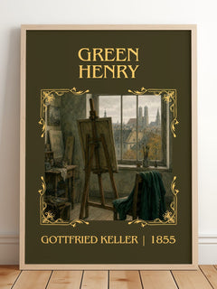 Green Henry Classic Book Art Print by Gottfried Keller – framed print leaning on a wooden floor