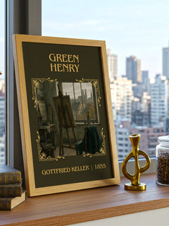 Green Henry Classic Book Art Print by Gottfried Keller – framed print on a city-view windowsill