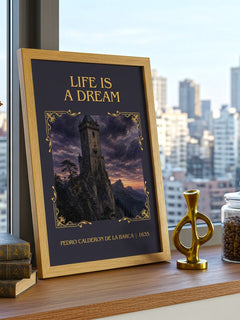 Life Is a Dream Classic Book Art Print by Pedro Calderón de la Barca – framed print on a city-view windowsill