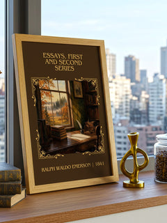 Essays, First And Second Series Classic Book Art Print by R. Emerson – framed print on a city-view windowsill