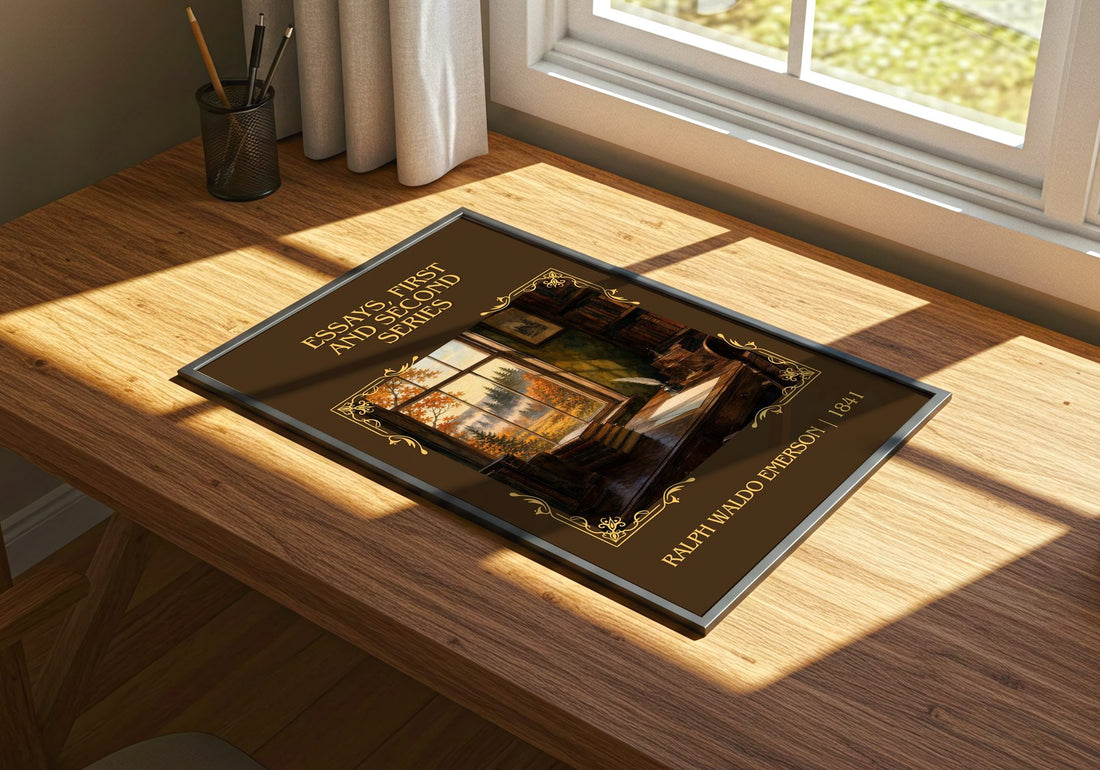 Essays, First And Second Series Classic Book Art Print by R. Emerson – print on a sunlit desk