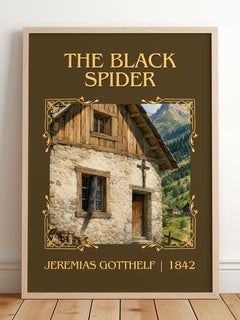 The Black Spider Classic Book Art Print by Jeremias Gotthelf – framed print leaning on a wooden floor