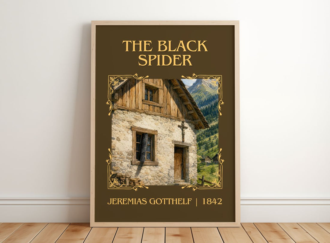 The Black Spider Classic Book Art Print by Jeremias Gotthelf – framed print leaning on a wooden floor