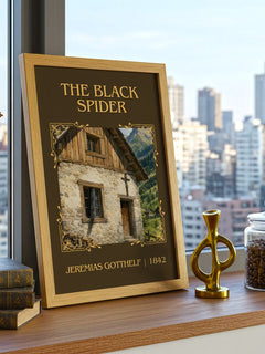 The Black Spider Classic Book Art Print by Jeremias Gotthelf – framed print on a city-view windowsill
