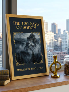 The 120 Days of Sodom Classic Book Art Print by Marquis de Sade – framed print on a city-view windowsill