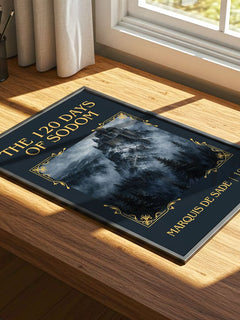 The 120 Days of Sodom Classic Book Art Print by Marquis de Sade – print on a sunlit desk