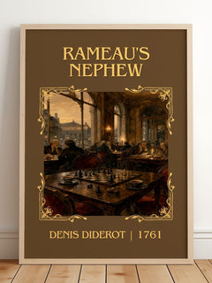 Rameau's Nephew Classic Book Art Print by Denis Diderot – framed print leaning on a wooden floor