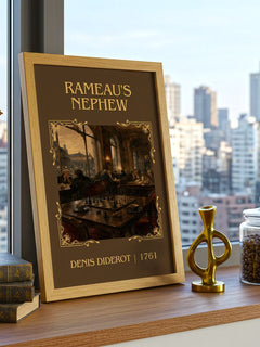 Rameau's Nephew Classic Book Art Print by Denis Diderot – framed print on a city-view windowsill