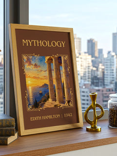 Mythology Classic Book Art Print by Edith Hamilton – framed print on a city-view windowsill