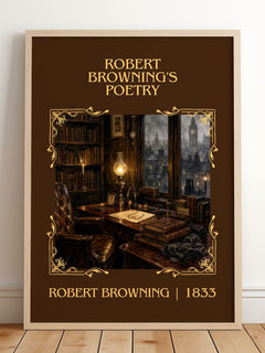 Robert Browning's Poetry Classic Book Art Print by Robert Browning – framed print leaning on a wooden floor
