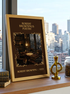 Robert Browning's Poetry Classic Book Art Print by Robert Browning – framed print on a city-view windowsill