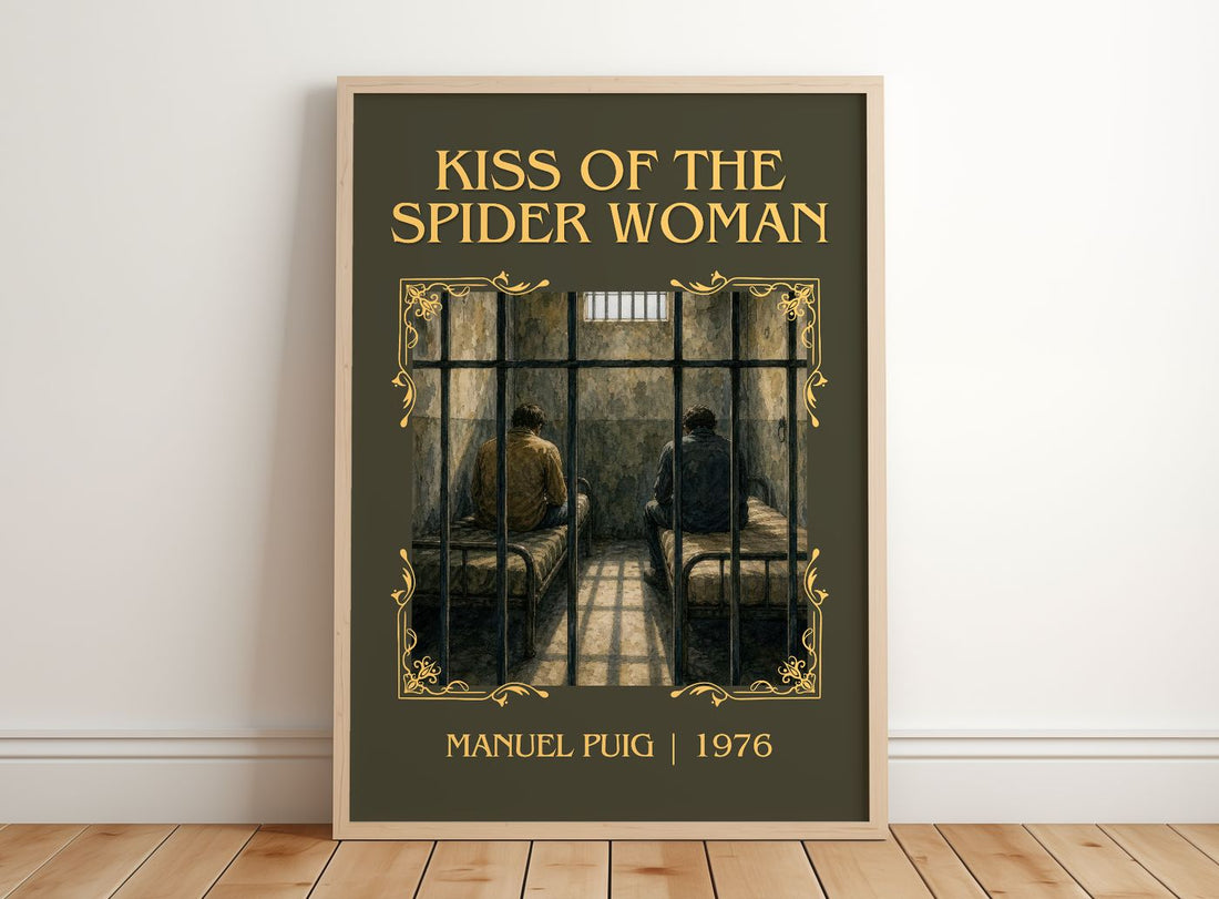 Kiss of the Spider Woman Classic Book Art Print by Manuel Puig – framed print leaning on a wooden floor