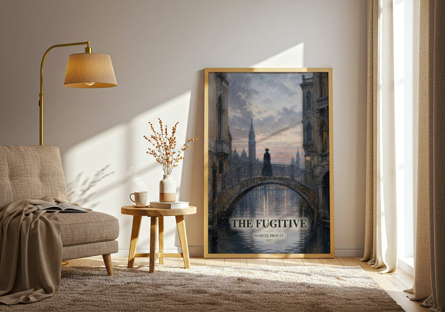 The Fugitive watercolour print in frame leaning in hallway – classic literature wall art