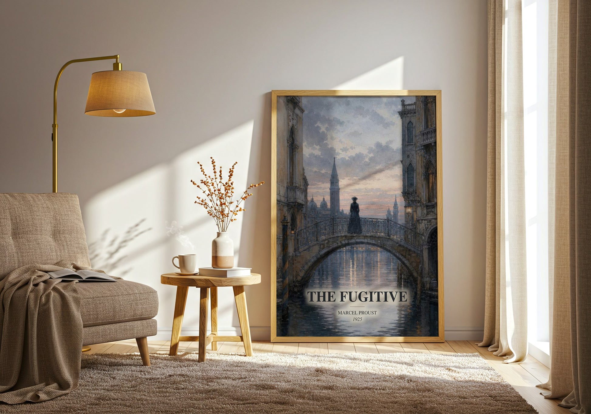 The Fugitive watercolour print in frame leaning in hallway – classic literature wall art