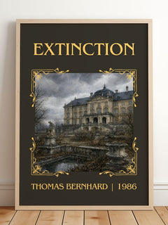 Extinction Classic Book Art Print by Thomas Bernhard – framed print leaning on a wooden floor