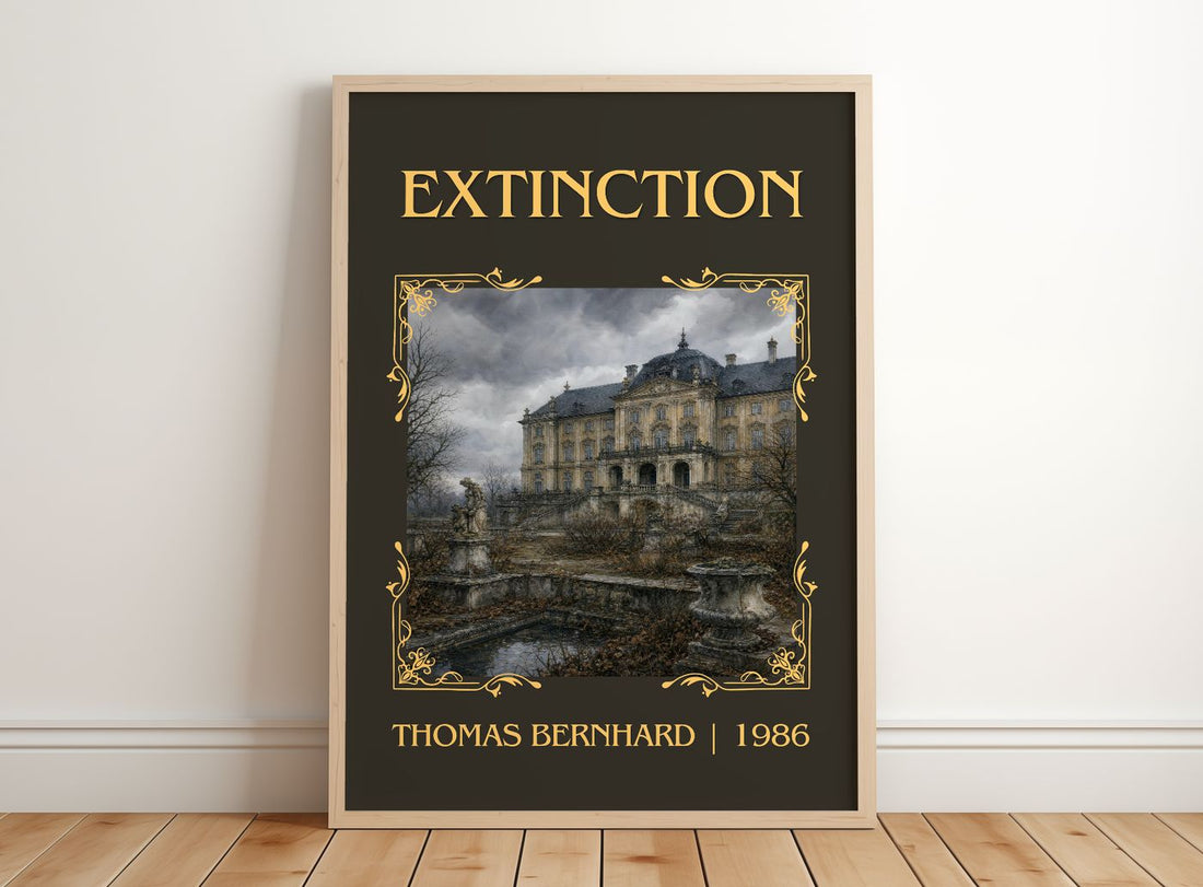 Extinction Classic Book Art Print by Thomas Bernhard – framed print leaning on a wooden floor