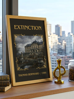 Extinction Classic Book Art Print by Thomas Bernhard – framed print on a city-view windowsill