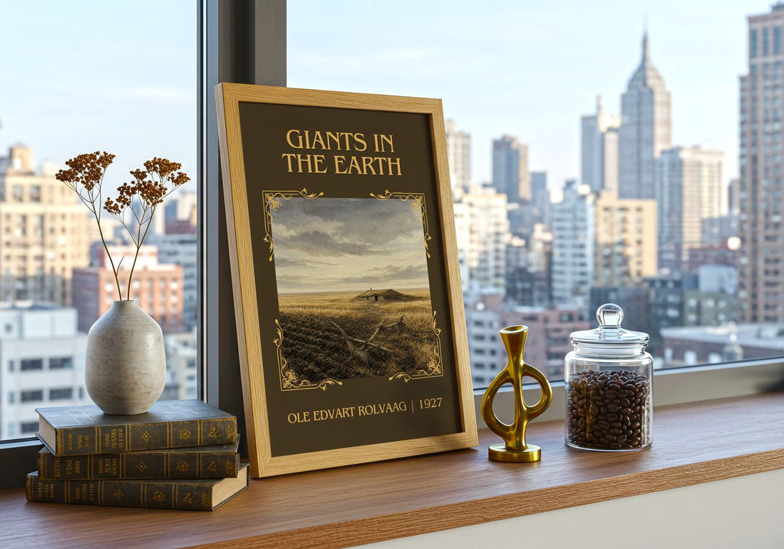 Giants in the Earth Classic Book Art Print by Ole Edvart Rolvaag – framed print on a city-view windowsill